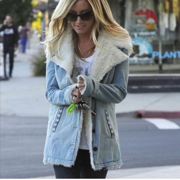 Free People Jackets & Blazers - Free People Light Blue Denim & Sherpa Lined Long Boho Jacket